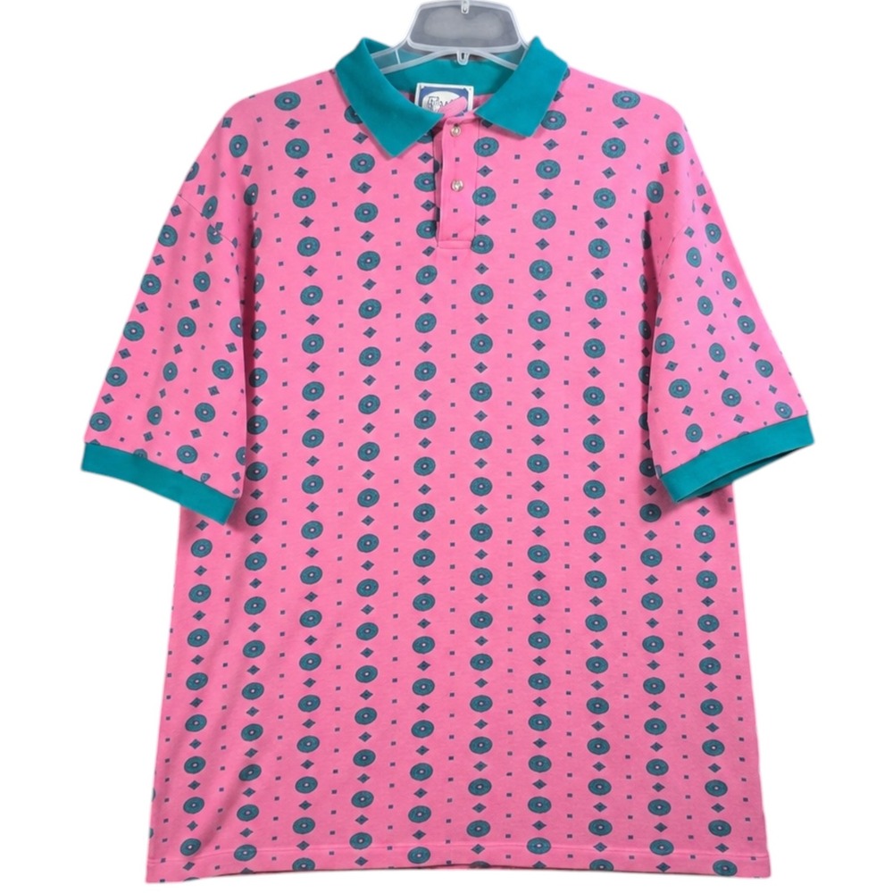 Vintage Reeds Mens XL Pink Teal Geometric Combed Cotton Polo Shirt Made in USA